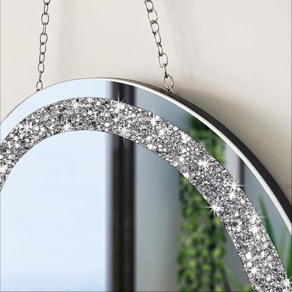 QMDECOR Crystal Crush Diamond Silver Mirror 2 Pack Diameter 12inch Round Shape with Iron Chain Real Glass Mirror for Wall Decor