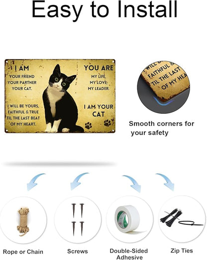 ALKB Vintage Metal Cat Sign - "I Am Your Friend, Your Partner, Your Cat" - 8"x12" Retro Metal Wall Decor for Cat Lovers, Pet Themed Gift with Paw Prints.