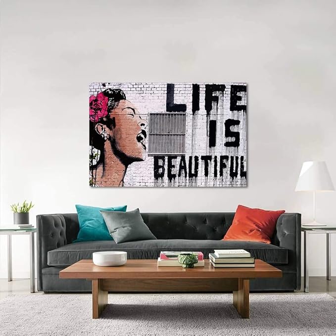 Large Banksy Street Graffiti Women Wall Art Life is Beautiful Graffiti Pop Art Posters Canvas Paintings Artwork for Home Office Decoration Stretched and Framed Ready to Hang - 44"W x 28"H