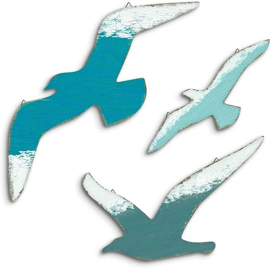 Putuo Decor 3pcs Seagull Wall Decor, Wooden Sea Bird Beach Wall Art, Ocean Home Decor Indoor Coastal Theme Wall Hanging for Bathroom Home Living Room Lake House
