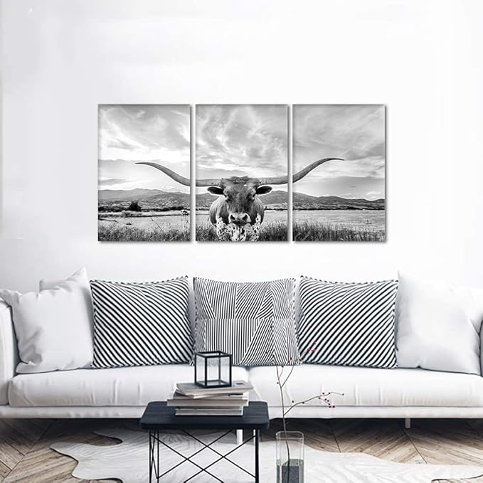 3 Panels Cow Canvas Wall Art Highland Cow Pictures Wall Decor Artwork Texas Longhorn Painting Modern Gray Posters Prints for Living Room Home Office Decor, Framed 24" Wx36 Hx3pcs