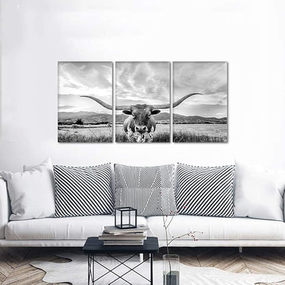 3 Panels Cow Canvas Wall Art Highland Cow Pictures Wall Decor Artwork Texas Longhorn Painting Modern Gray Posters Prints for Living Room Home Office Decor, Framed 24" Wx36 Hx3pcs