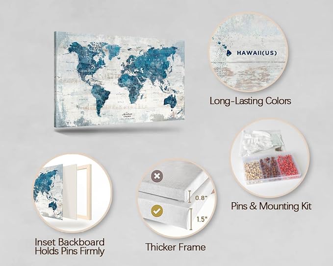 Canvas Wall Art Office Artwork Large Modern Abstract Map of the World Push Pin Board Travel Map Blue Pictures for Living Room Bedroom Dining Room Motivational Home Decor