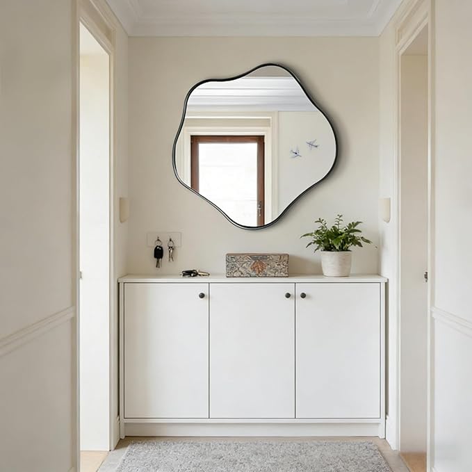 Irregular Shaped Mirror, 28" Asymmetrical Rounded Mirror Decorative, Modern Abstract Wall Mirrors with Metal Frame, Scalloped Mirrors for Living Room Bathroom Bedroom Hallway Entryway