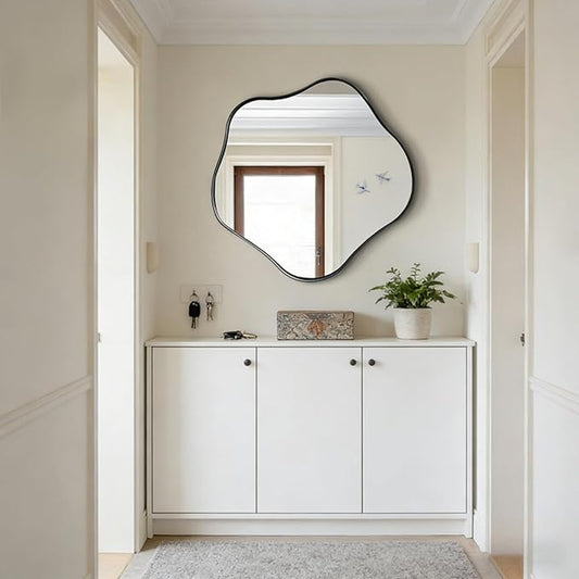 Irregular Shaped Mirror, 28" Asymmetrical Rounded Mirror Decorative, Modern Abstract Wall Mirrors with Metal Frame, Scalloped Mirrors for Living Room Bathroom Bedroom Hallway Entryway