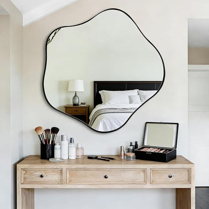 Large Scalloped Mirror, 35" Irregular Shaped Mirror, Asymmetrical Wall Mirrors Decorative, Modern Wavy Round Mirrors for Living Room Bathroom Bedroom Hallway Entryway Fireplace