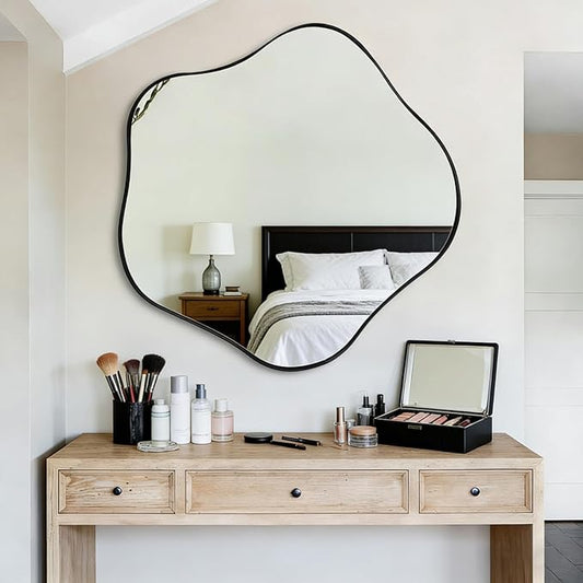 Large Scalloped Mirror, 35" Irregular Shaped Mirror, Asymmetrical Wall Mirrors Decorative, Modern Wavy Round Mirrors for Living Room Bathroom Bedroom Hallway Entryway Fireplace