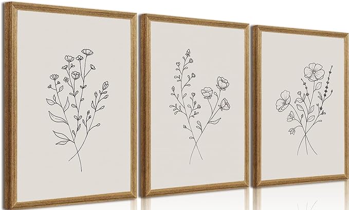 HLUSSBLIEB solid wood frame，3Pcs beige floral art，minimalist botanical line art，modern black and white wall art，Neutral Botanical Floral Wall Art，for Living Room Bedroom Office （16 * 24in