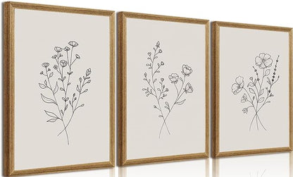 HLUSSBLIEB solid wood frame，3Pcs beige floral art，minimalist botanical line art，modern black and white wall art，Neutral Botanical Floral Wall Art，for Living Room Bedroom Office （16 * 24in