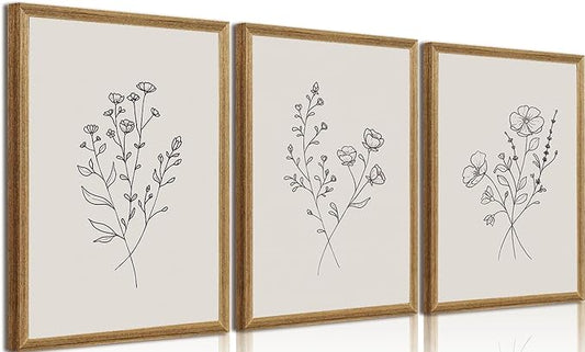 HLUSSBLIEB solid wood frame，3Pcsbeige floral art，minimalist botanical line art，modern black and white wall art，Neutral Botanical Floral Wall Art，for Living Room Bedroom Office （12 * 16in）