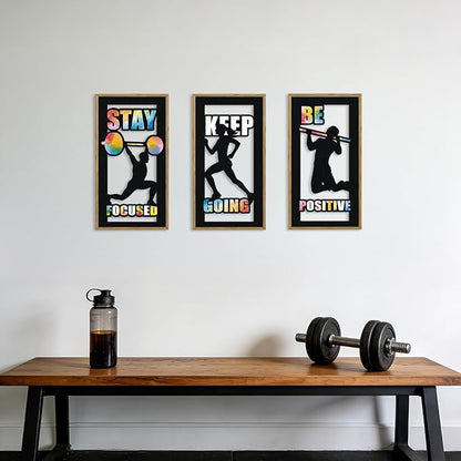 HPNIUB 3PCS Motivational Gym Wall Decor, Inspirational Workout Wooden Sign for GYM, Sports Silhouette Wood Hanging Wall Art for Exercise Classroom Workout Room Decoration(8x16Inch)