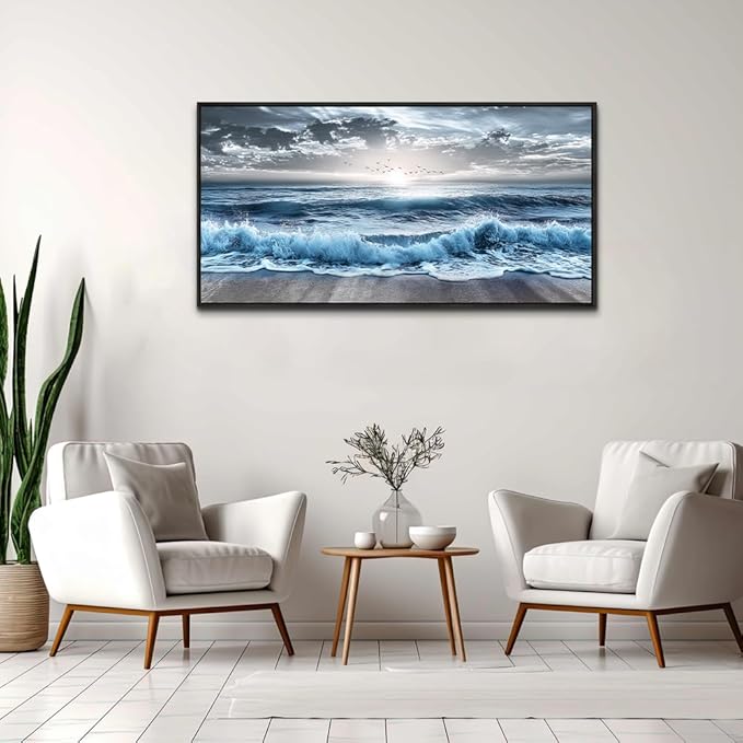 ERQINHUA Wall Decor For Bedroom Dining room Wall Art For Living Room Office Decor Blue Beach Sea Wave Paintings Sunrise Ocean Seascape Wall Pictures Canvas Artwork Home Decor Black Framed 20x40 In