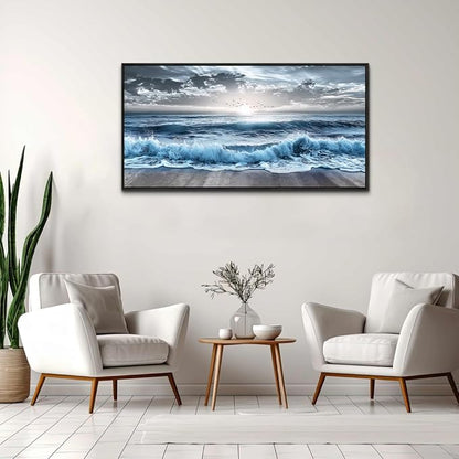 ERQINHUA Wall Decor For Bedroom Dining room Wall Art For Living Room Office Decor Blue Beach Sea Wave Paintings Sunrise Ocean Seascape Wall Pictures Canvas Artwork Home Decor Black Framed 20x40 In