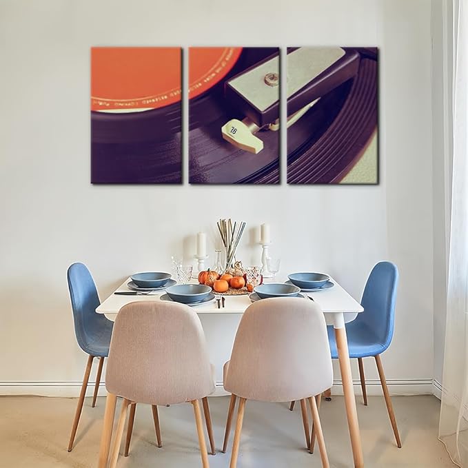 Pacimo 3 Pieces Canvas Wall Art - Old Record Player Pictures Painting Prints on Canvas Retro Musical Instrument Painting Modern Wall Art for Home Decor Stretched and Framed Ready to Hang - 16"x24"x3