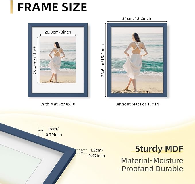 YESKAY 11x14 Picture Frame Set of 9 Photo Gallery Wall Frame Set Display Pictures 8x10 with Mat or 11 x 14 Without Multi Photo Frames for Wall Mounting or Table Top Display, Blue