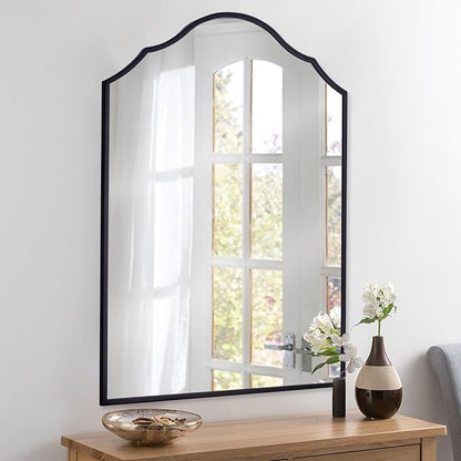 Black Scalloped Mirror for Bathroom, 36"x24" Arched Entryway Mirrors for Wall with Modern Transitional Metal Frame, Large Bedside Decor