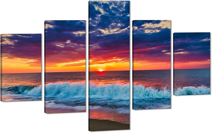Ocean Wall Art 5 Panel Beach Poster Sunset Landscape Pictures HD Print on Canvas Framed Cityscape Artwork for Living Room Kitchen Bathroom Wall Decorations Stretched Ready to Hang - 60" W x 40" H