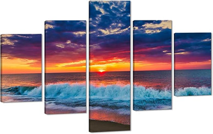 Ocean Wall Art 5 Panel Beach Poster Sunset Landscape Pictures HD Print on Canvas Framed Cityscape Artwork for Living Room Kitchen Bathroom Wall Decorations Stretched Ready to Hang - 60" W x 40" H