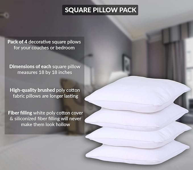 GOLD TEXTILES White Throw Pillows Insert (Pack of 4) - 18 x 18 Inches Polyester Sham Stuffer Throw Pillow - Lightweight Square Indoor Decorative Pillows - Bed and Cushion Couch Pillows