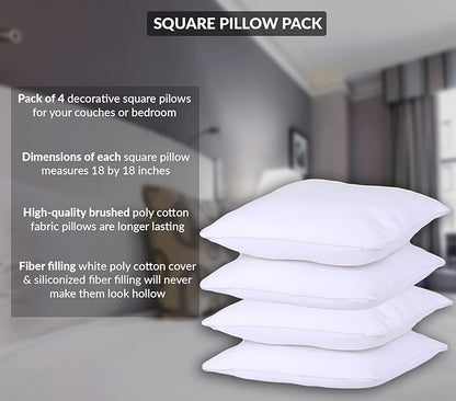 GOLD TEXTILES White Throw Pillows Insert (Pack of 4) - 18 x 18 Inches Polyester Sham Stuffer Throw Pillow - Lightweight Square Indoor Decorative Pillows - Bed and Cushion Couch Pillows