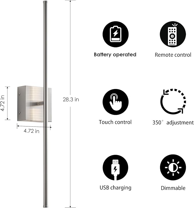 KARTOOSH Battery Operated Wall Sconces with Remote Control, Dimmable Wall Sconces Set of Two, 350°Rotate, 3000K LED Nickel Wireless Wall Light for Living Room, Hallway, Bedroom, 28.3 Inch (2 Pack)