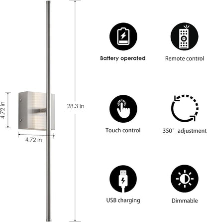 KARTOOSH Battery Operated Wall Sconces with Remote Control, Dimmable Wall Sconces Set of Two, 350°Rotate, 3000K LED Nickel Wireless Wall Light for Living Room, Hallway, Bedroom, 28.3 Inch (2 Pack)