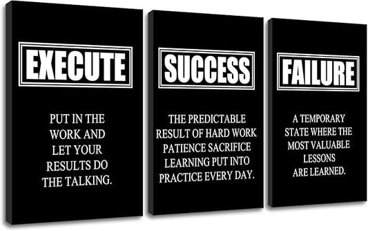 Inspirational Wall Art Success Quote Canvas Painting Motivational Decor Execute Failure Definition Picture 3 Pieces Black Positive Poster Prints Framed Artwork for Living Room Office [48''W x 24''H]