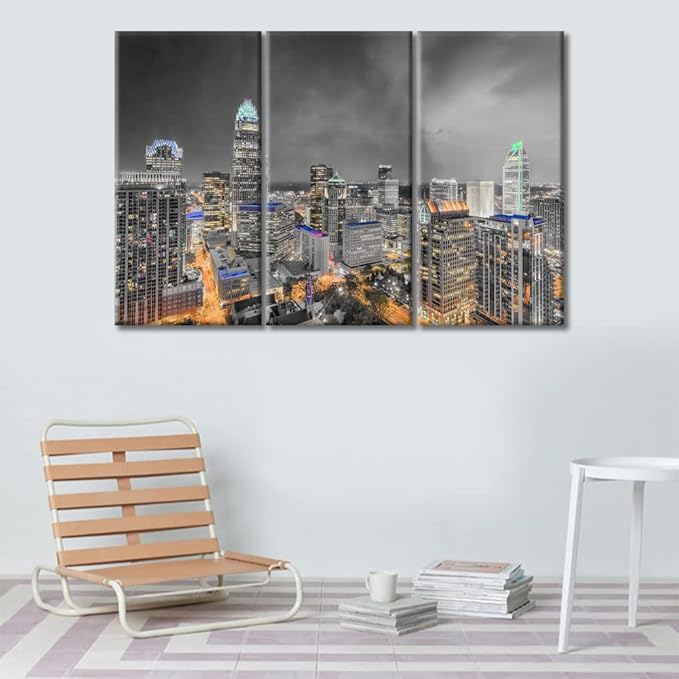 3 Panel Charlotte Nighttime Lightscape Wall Decor Skyscrapers City Skyline Wall Decor for Bedroom Giclee Wooden Framed Gallery-Wrapped Ready to Hang (36" Wx24 H)