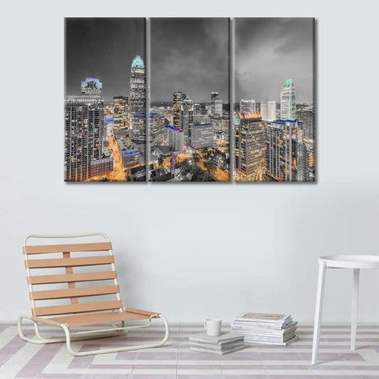 3 Panel Charlotte Nighttime Lightscape Wall Decor Skyscrapers City Skyline Wall Decor for Bedroom Giclee Wooden Framed Gallery-Wrapped Ready to Hang (36" Wx24 H)