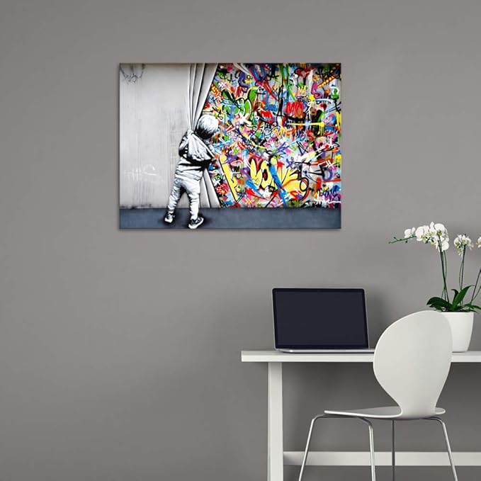 Banksy Graffiti Wall Art Behind The Curtain Classic Street Art Printing Colorful Canvas Paintings Posters and Pictures Prints Framed Modern Home Decor Artwork for Living Room(24''W x 18''H)