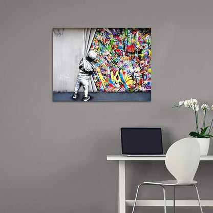 Banksy Graffiti Wall Art Behind The Curtain Classic Street Art Printing Colorful Canvas Paintings Posters and Pictures Prints Framed Modern Home Decor Artwork for Living Room(24''W x 18''H)
