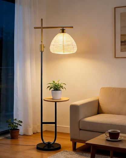 Lightdot 66IN Gold&Black Dimmable Floor Lamps with Storage Table, Modern Standing Tall Lamp with Milky White Globe Lampshade, Cross-Shaped Lamp Head and U-Pole Base Style for Living Room/Bedroom