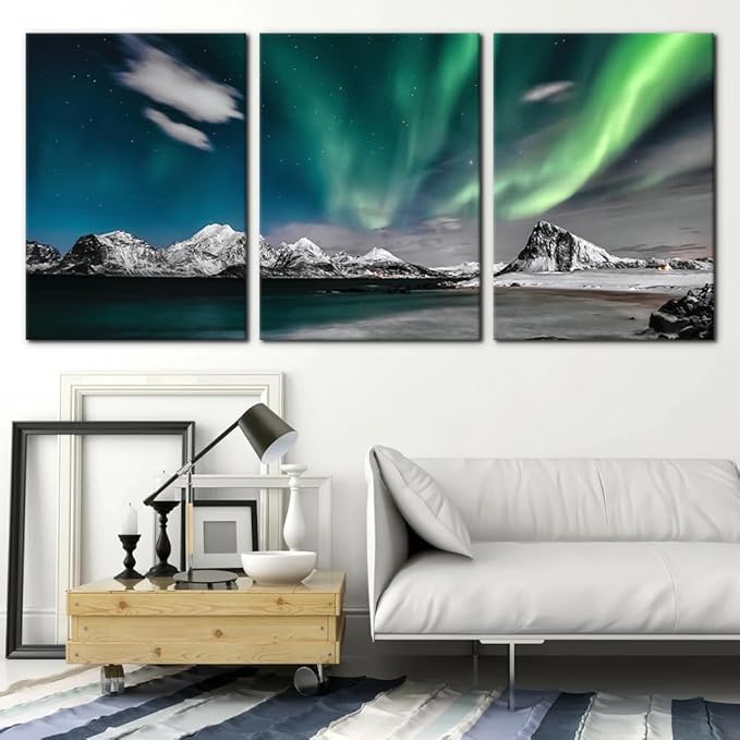 Pacimo Canvas Wall Art Aurora Scenery Painting on Canvas for Living Room Decoration Natural Landscape Canvas Painting for Bedroom Home Office Decor Stretched Framed Ready to Hang - 20"x28"x3 Panels