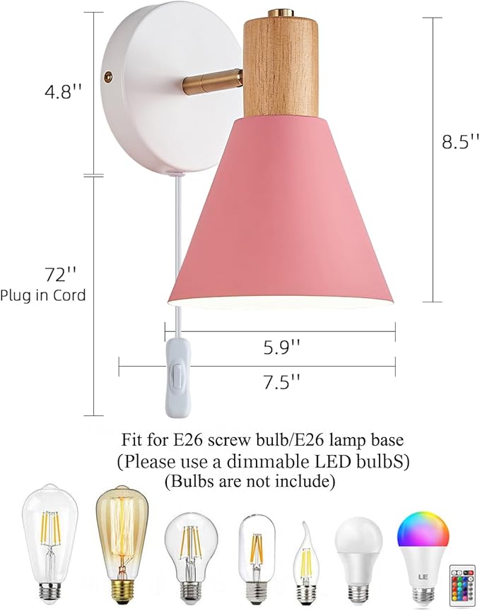 Plug in Wall Sconces Lighting Fixture Pack of 2, Wooden Adjustable Bedside Wall lamp for Industrial Bedroom, Living Room Bathroom Sink Lighting (2, Pink)