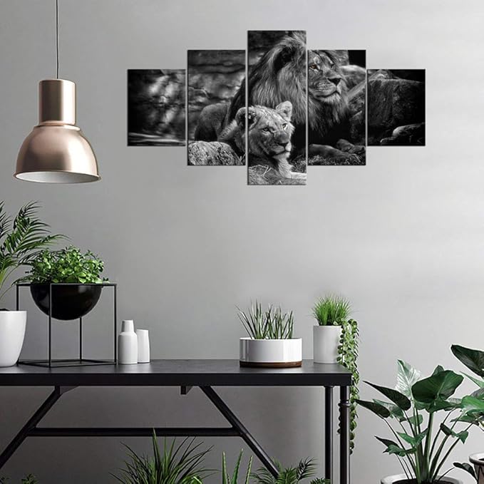 Framed Lion Pictures Wall Decor Modern 5 Panels White Black Lions Canvas Wall Art Easy to Hang Animal Posters for Living Room Bedroom Decor - 60''W x 32''H
