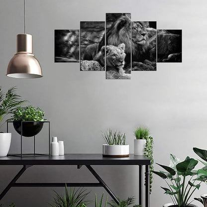 Framed Lion Pictures Wall Decor Modern 5 Panels White Black Lions Canvas Wall Art Easy to Hang Animal Posters for Living Room Bedroom Decor - 60''W x 32''H