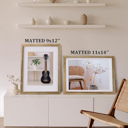 Egofine 12x16 Picture Frame with Plexiglass Made of Solid Wood, Display Pictures 9x12/11x14 with Mat or 12x16 Without Mat Set of 4 for Wall Mounting, Carbonized Brown