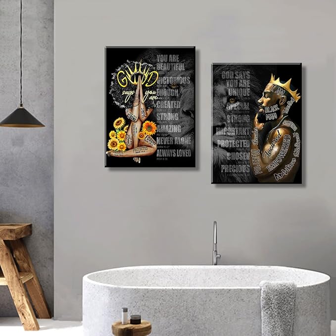 African Black King Queen Framed Canvas Wall Art for African American Man Girls Women Lions Couples Wall Decor Photos Posters Artwork for Living Room Bedroom Bathroom Home Decor