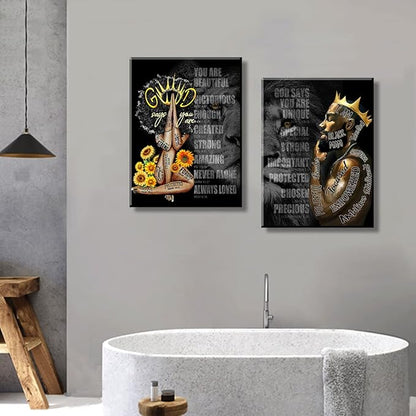 African Black King Queen Framed Canvas Wall Art for African American Man Girls Women Lions Couples Wall Decor Photos Posters Artwork for Living Room Bedroom Bathroom Home Decor