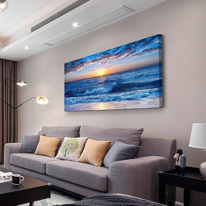 Wapluam Large Canvas Wall Art For Office Farmhouse Living Room Ocean Beach Wall Paintings Blue Sea View Wave Wall Pictures Framed Prints Artwork Modern Bedroom Home Decor 30"X 60"