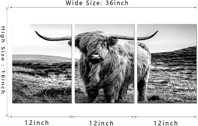Yatsen Bridge Vintage Highland Cow Canvas Wall Art Black and White Hairy Cow Poster Farmhouse Animal Rustic Art Wall Decor for Apartment Living Room Bedroom Country House Decor 12x16inchx3pcs