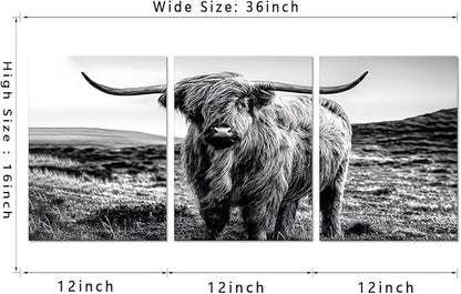 Yatsen Bridge Vintage Highland Cow Canvas Wall Art Black and White Hairy Cow Poster Farmhouse Animal Rustic Art Wall Decor for Apartment Living Room Bedroom Country House Decor 12x16inchx3pcs