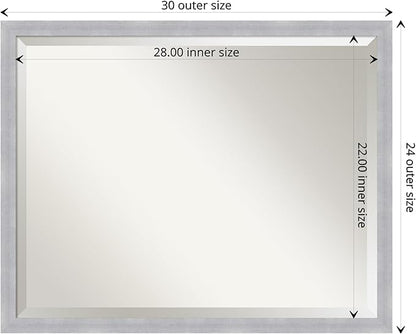 Amanti Art Silver Bathroom Mirror for Over Sink, 24x30 Grace Brushed Nickel Narrow Rectangle Vanity Mirror, Large Modern Frame, Hangs Horizonally and Vertically, Bathroom Wall Decor, Beveled Edge