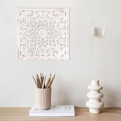 HOTBEST Wooden Wall Decor Floral Hollow Carved Wall Panel Hanging Decor Rustic Wall Art Sculpture Home Wall Ornament for Hallway Bedroom Living Room Cafe Office ...(Square 30 * 30cm)