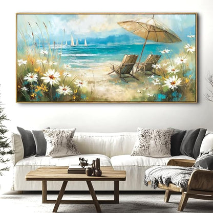 Beach Landscape Wall Art - Framed Modern Canvas Painting for Living Room, Bedroom Home Office Decor, 60x30 Inch Ready to Hang