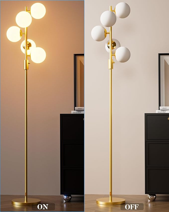 Lightdot Dimmable Globe Floor Lamp Mid Century Modern Floor Lamp with 5Pcs 3000K Bulbs Included Brightness Adjustable Gold Standing Lamps with 5Lbs Heavy Base for Living Room/Bedroom/Sofa Beside