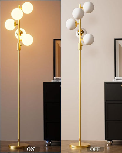 Lightdot Dimmable Globe Floor Lamp Mid Century Modern Floor Lamp with 5Pcs 3000K Bulbs Included Brightness Adjustable Gold Standing Lamps with 5Lbs Heavy Base for Living Room/Bedroom/Sofa Beside