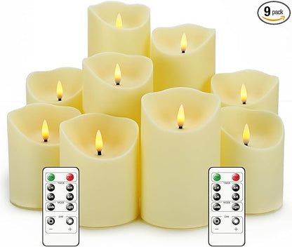 Nimiko Flameless Candles with Remote, Battery Operated Flickering Flameless Candles, LED Candles with Timer 2/4/6/8H, with Realistic LED Candles Set of 9 (D3 x H 3" 4" 5" 6" 7") (Ivory)