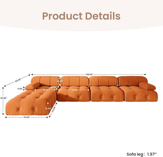138'' Modular Sectional Couch, L-Shaped Velvet Sofa with Reversible Chaise Ottoman, Minimalist Bubble Couch, Modern Cloud Sectional Couches for Living Room, Apartment (4 Seats, 1 Ottoman, Orange)