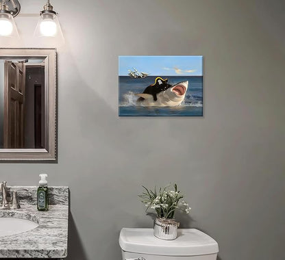 Funny Cat Biting Shark Posters, Interesting Animal Shark Wall Art, Quirky Pirate Black Cat Pictures, Whimsical Animal Paintings Wall Art, Art Prints for Bathroom Living Room Bedroom Washroom 12x16 Inches. Unframed